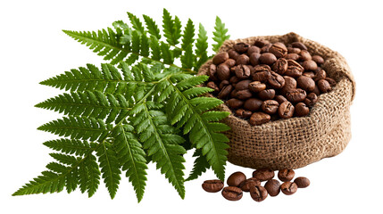 Roasted coffee beans in a burlap sack with a fresh green fern leaf © Theodore