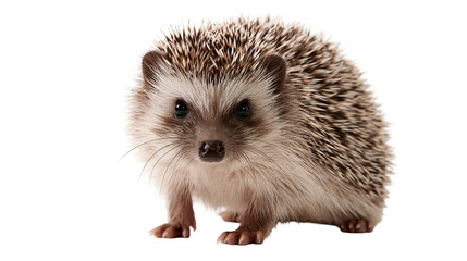 Small African pygmy hedgehog standing with brown and white spiky quills © Theodore
