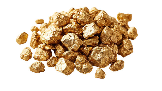 Shiny natural gold nuggets pile with rough textured metallic surfaces