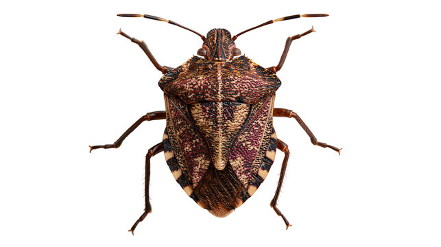 Brown mottled shield bug with textured exoskeleton and long thin antennae