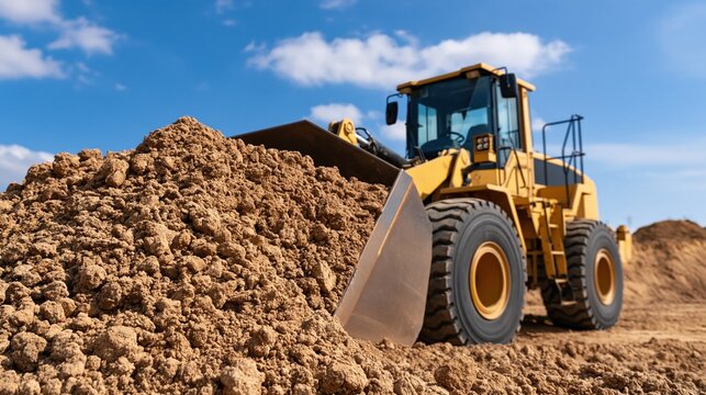 Yellow front-end loader pushing dirt and excavating soil on a construction site under a clear blue sky