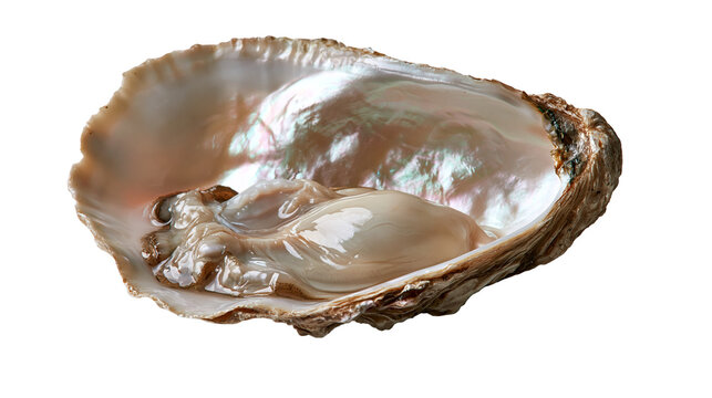 Open oyster shell with raw mollusk meat and iridescent nacre interior