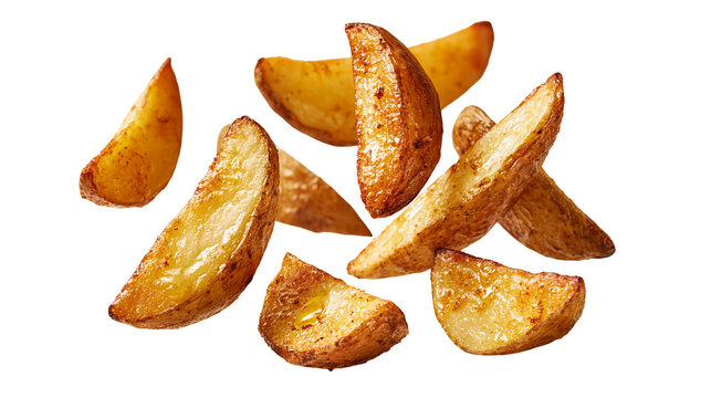 Golden crispy seasoned potato wedges with oil sheen
