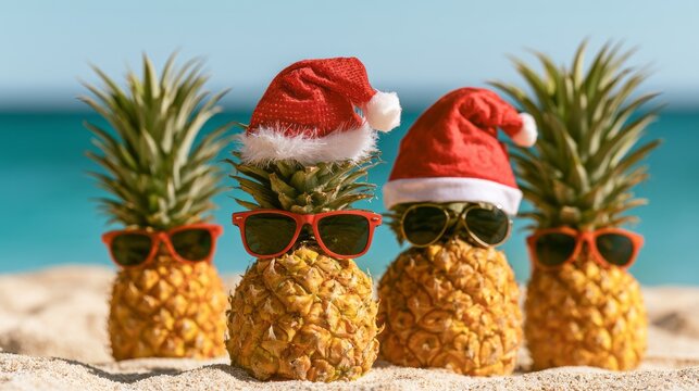 Funny pineapple family wearing christmas hats and stylish sunglasses relaxing on sandy beach against turquoise sea, tropical christmas and new year holiday vacation concept with cheerful summer festiv