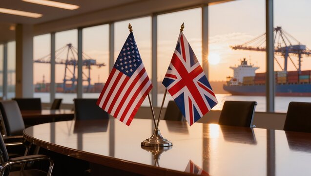American and British flags on boardroom table with port view, trade deal, diplomacy