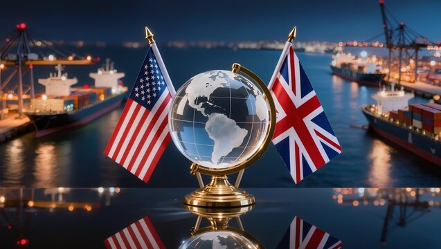 Glass globe between American and British flags at port, trade, diplomacy, cargo
