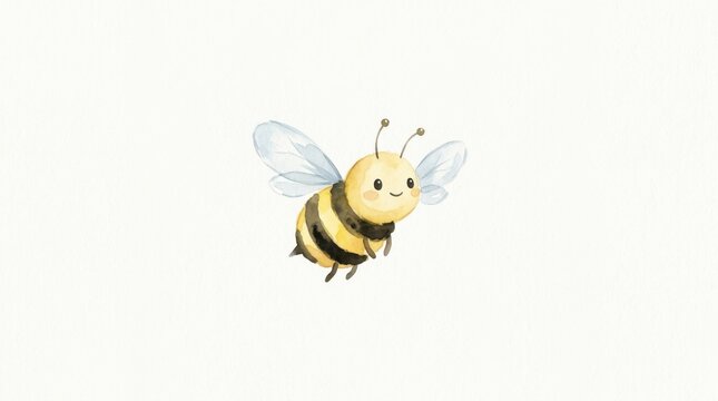 Cute smiling watercolor bee character flying on a bright plain white background, a charming hand-painted illustration featuring soft yellow and black stripes, gentle blue transparent wings, and an ado