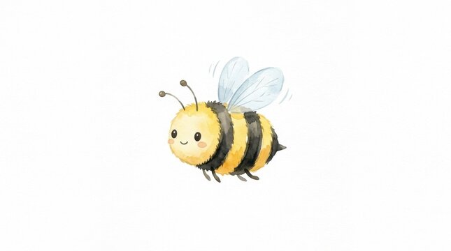 Cute fluffy watercolor bee illustration with yellow and black stripes, featuring a happy smiling face and rosy cheeks, depicted flying on a clean white background in a charming cartoon style, perfect