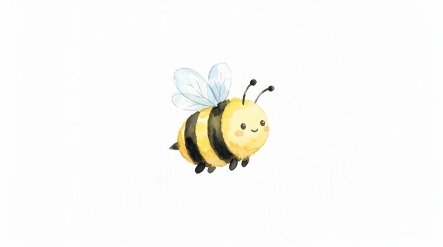 Adorable watercolor bee illustration with yellow and black stripes and delicate blue wings, featuring a friendly cartoon face, floating happily against a clean white background, evoking feelings of sp