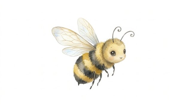 Cute fluffy bumblebee with delicate transparent wings and antennae, rendered in a charming cartoon watercolor illustration style, isolated on a clean white background, evoking spring and nature themes