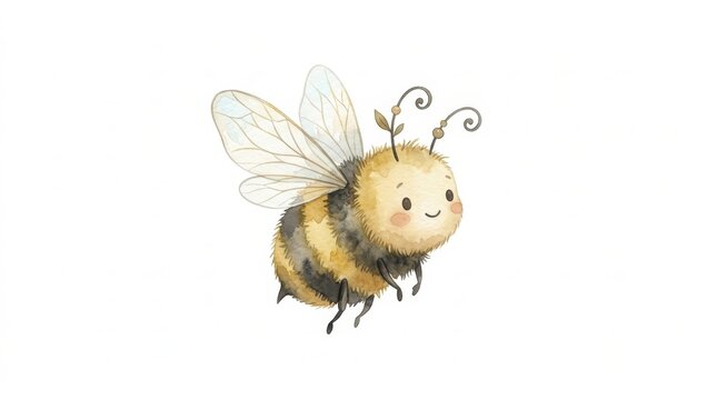 Cute fluffy cartoon watercolor bee with black and yellow stripes flying on a clean white background, showcasing a friendly smiling face and delicate wings, perfect for children's designs and spring th