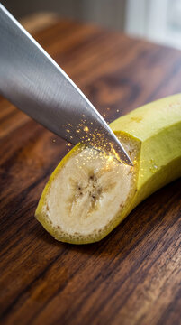 Stainless knife slicing fresh banana with glowing sparks at the cutting point