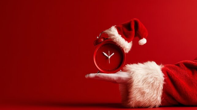 Santa claus hand holding a red alarm clock while wearing a festive santa hat against a bright red background, christmas and new year countdown concept, holiday celebration, seasonal shopping, festive 