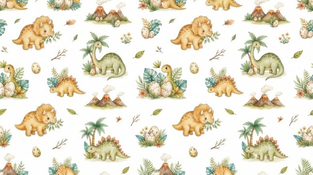 Cute watercolor dinosaur pattern with baby triceratops, stegosaurus, and long-necked dinos hatching from eggs, set amidst erupting volcanoes, lush palm trees, and tropical foliage on a clean white bac