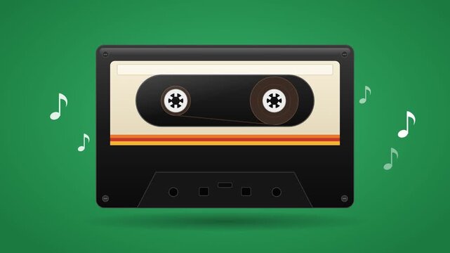 Retro Analog Audio Cassette Tape Spinning with Musical Notes on Green Background - Vintage 80s Music Seamless Loop