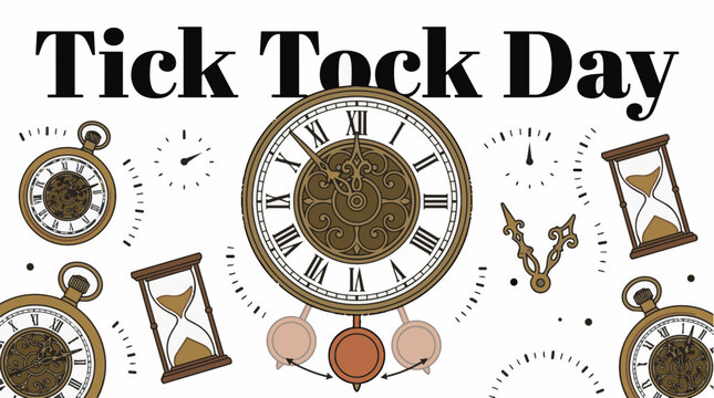 Tick Tock Day festive holiday graphic design with retro clocks and hourglasses in vintage sepia tones for yearly celebration banner