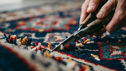 Fototapeta premium Handcrafting Traditional Patterned Carpet with Knife on Fabric Surface