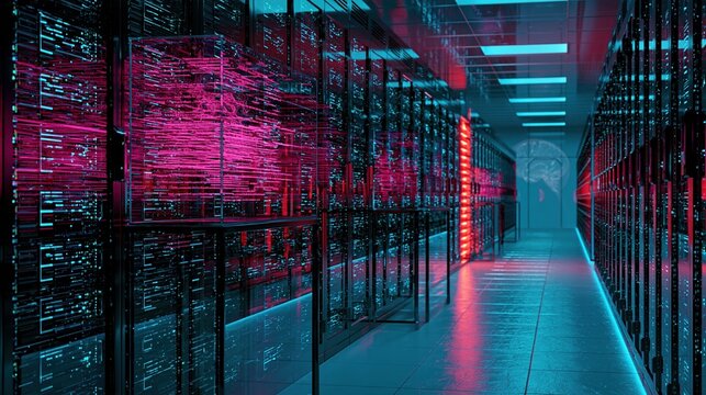 Futuristic data center server room with glowing screens and neon lights, representing technology and digital information flow