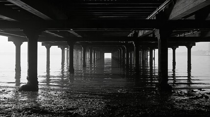 Fototapeta premium Underneath a wooden pier with water reflecting light, creating a symmetrical perspective