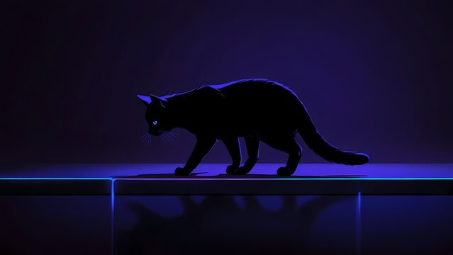 Black cat walking on a glowing neon blue surface in a dark environment