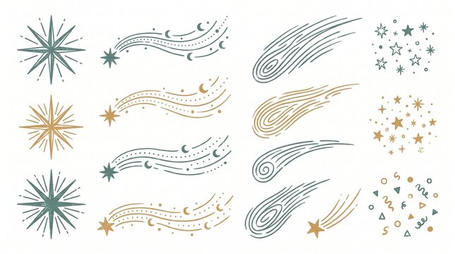 Set of hand drawn celestial elements including stars comets and decorative shapes on white background with collection illustrated celestial motifs with abstract shapes soft colors