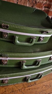 Vertical View of Vintage Green Suitcase Set by Brock Wall, Close Up