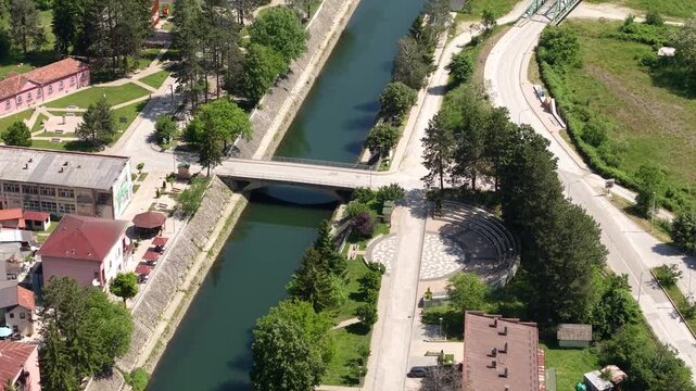 Drone View of Ovcar Banja, Serbia, West Morava River, Buildings and State Route Traffic