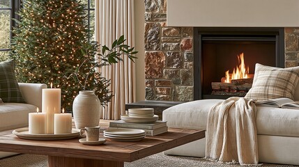 Obraz premium Cozy Living Room with Lit Fireplace, Christmas Tree, and Warm Candles on Coffee Table