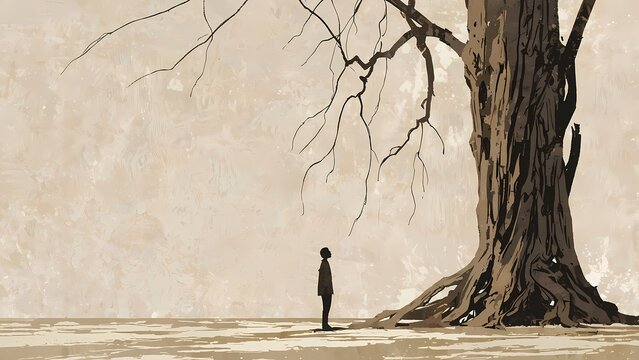 Solitary person standing under a large bare tree in a minimalist