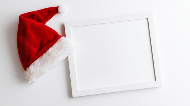 Christmas santa hat with blank decorative frame isolated on a clean festive background, seasonal holiday greeting template with copy space for christmas messages, promotions, invitations, and winter c