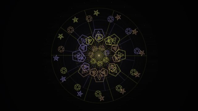 Colorful geometric zodiac mandala looping animation on dark background