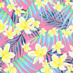 Tropic Hawaiian plumeria flowers seamless watercolor floral vintage pattern on a pink background © AineGing