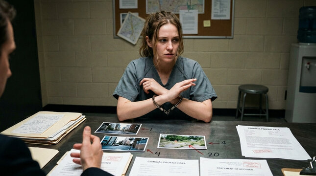 Woman in handcuffs interrogated by detective in interview room crime scene photos on table