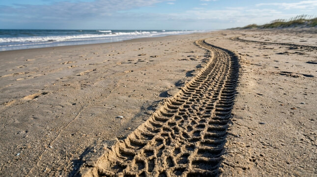 Tire track on sandy beach ocean waves coastal landscape summer travel outdoor adventure