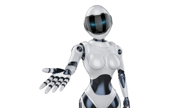 Female humanoid robot with outstretched hand, isolated on transparent background