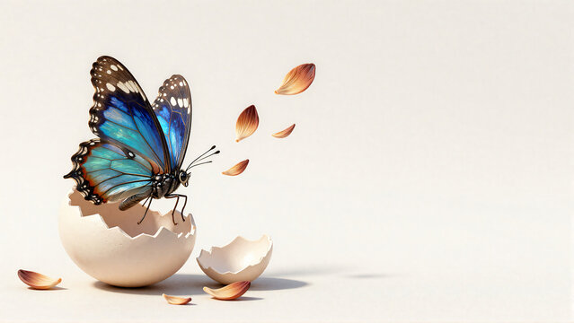 Blue butterfly emerging from an eggshell with floating petals