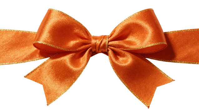 Shiny orange satin bow with gold trim, isolated on transparent background