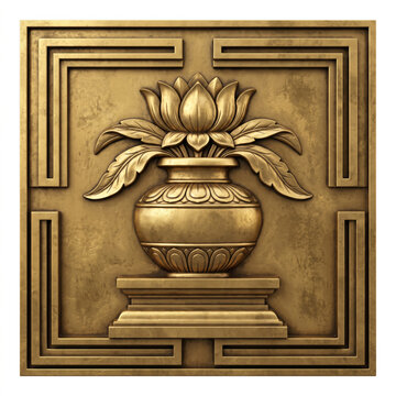 Antique Brass Lotus-Topped Ceremonial Vessel Temple Relief with Geometric Frame
