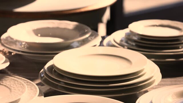 Evening sun striking rows of white tableware stacked on a rustic wood counter