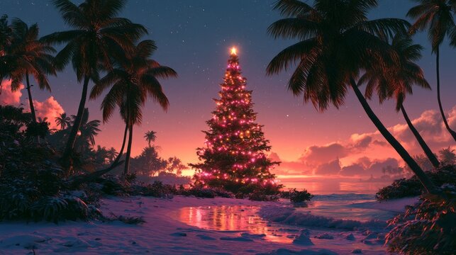 Tropical Christmas holiday celebration with festive decorations, palm leaves, warm sunlight, colorful ornaments, and seasonal atmosphere in an exotic summer setting