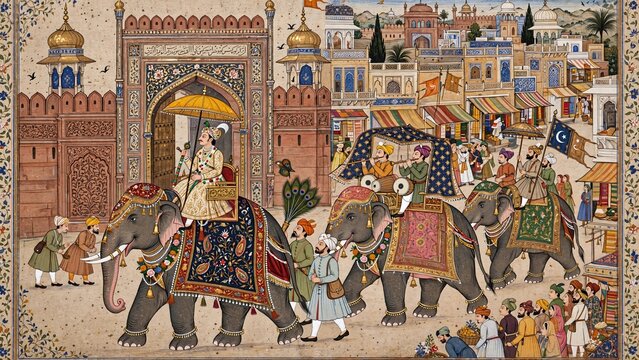 Traditional Indian miniature painting depicting a royal elephant procession passing through a historic city gate surrounded by crowds and ornate architecture