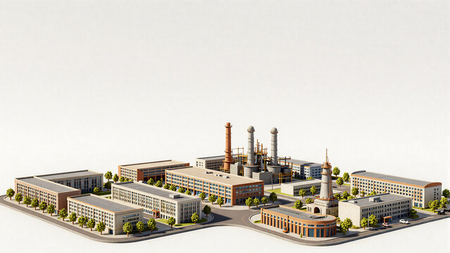 Detailed Isometric Cityscape Model with Industrial and Urban Planning