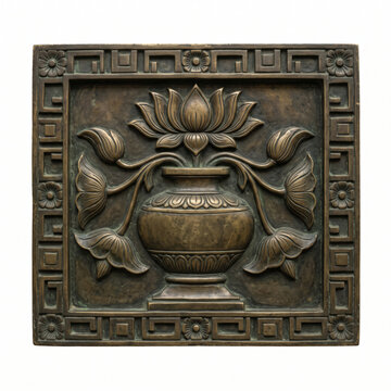Aged Bronze Ceremonial Vessel Temple Relief with Carved Botanical Ornament