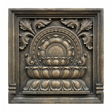 Antique Brass Lotus Pedestal Temple Relief with Symmetrical Carved Foliage