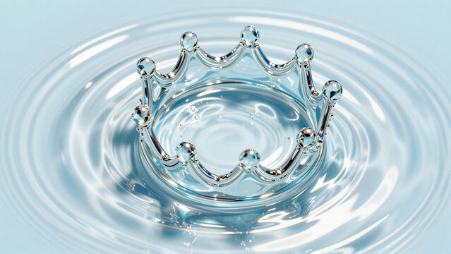 Crystal clear water splash forming a crown shape with ripples