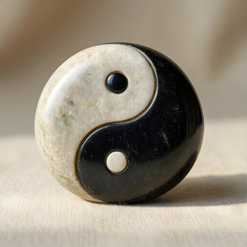 Balance and harmony concept, yin yang stone symbol for mindfulness and wellness, spiritual meditation object on a textured neutral background