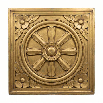 Antique Brass Geometric Wheel Temple Relief with Radial Spokes and Floral Corners
