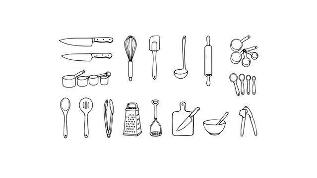Modern kitchen utensils line art vector set, contemporary cooking tools and culinary equipment outlines on white background