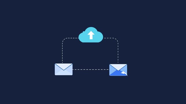Flat animated cloud technology concept showing email envelopes connected to cloud upload storage on a dark blue background, representing digital communication and message transfer.