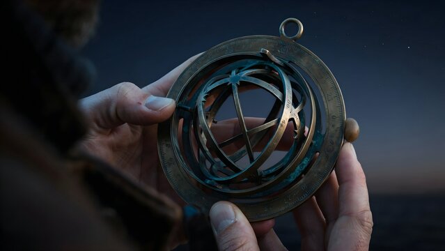 Person Holding Intricate Metal Armillary Sphere at Night with Starry Sky